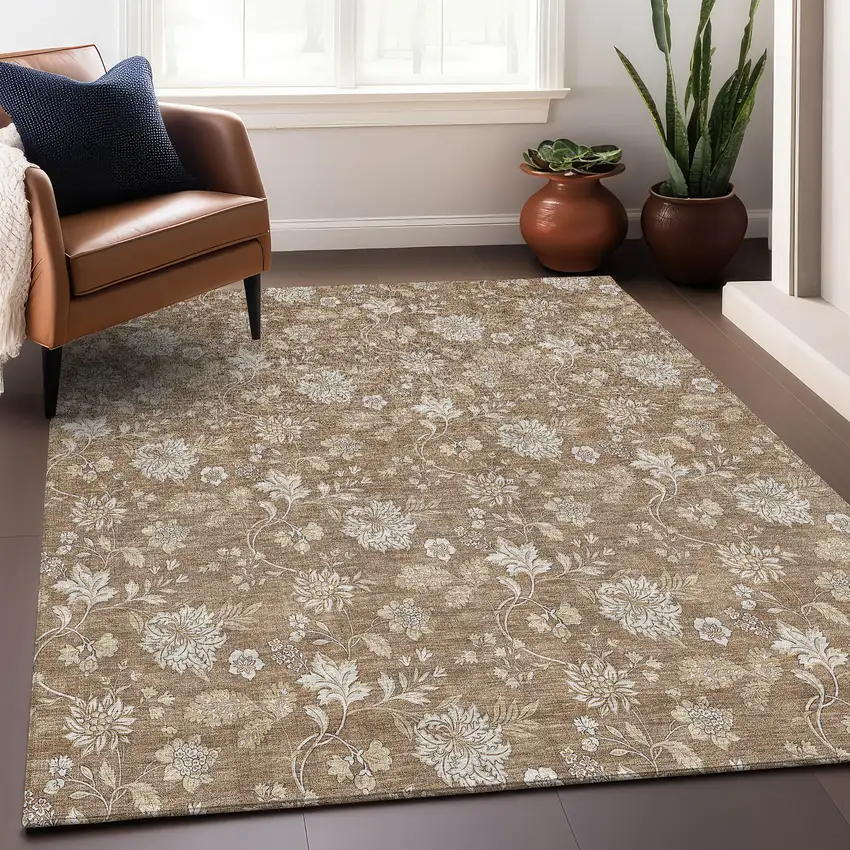 Copper And Beige Floral Washable Area Rug With UV Protection Photo 6