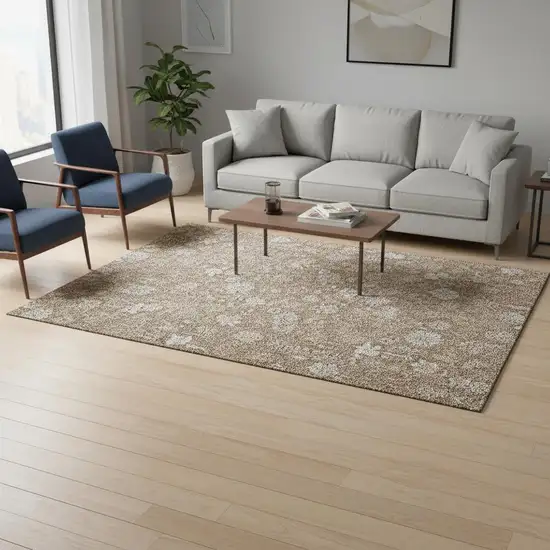 Copper And Beige Floral Washable Area Rug With UV Protection Photo 3