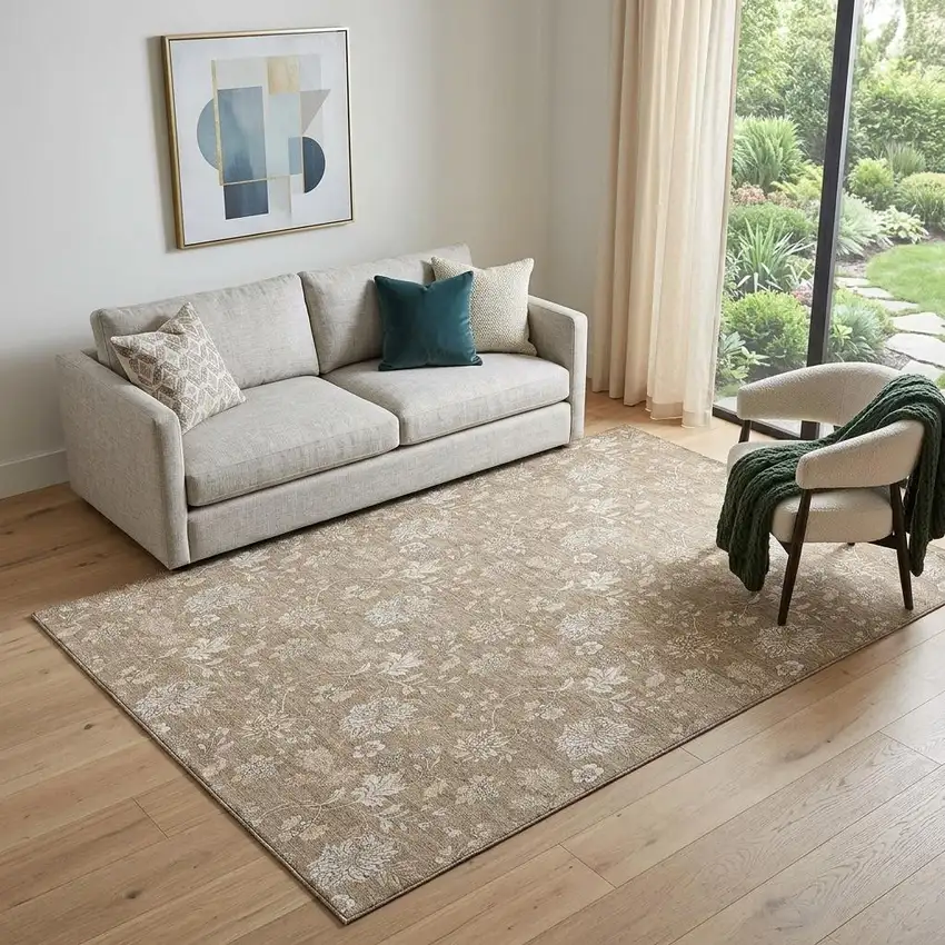 Copper And Beige Floral Washable Area Rug With UV Protection Photo 1