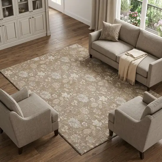 Copper And Beige Floral Washable Area Rug With UV Protection Photo 1