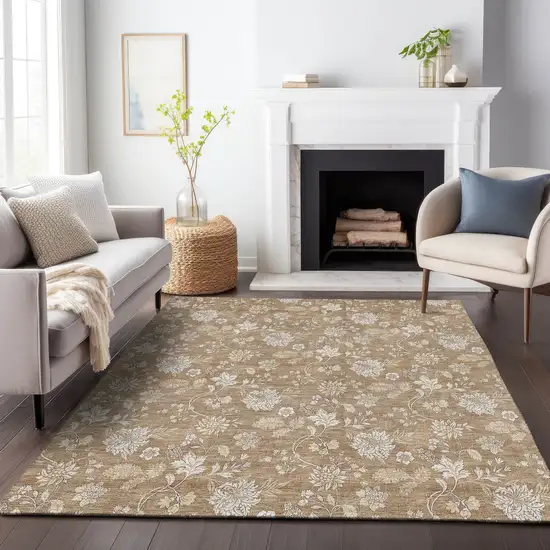 Copper And Beige Floral Washable Area Rug With UV Protection Photo 5