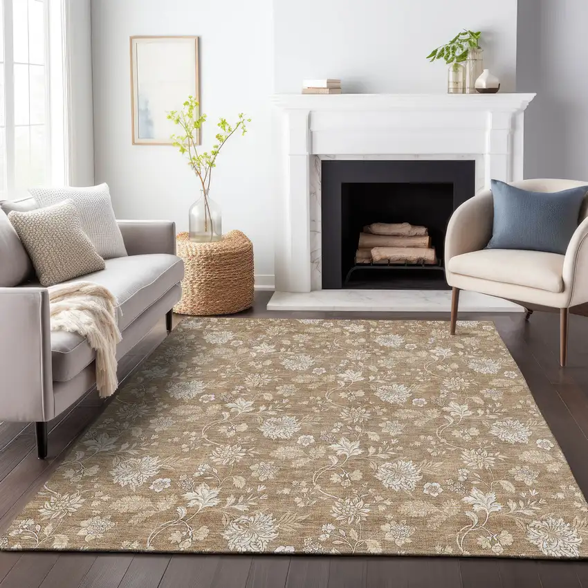 Copper And Beige Floral Washable Area Rug With UV Protection Photo 5