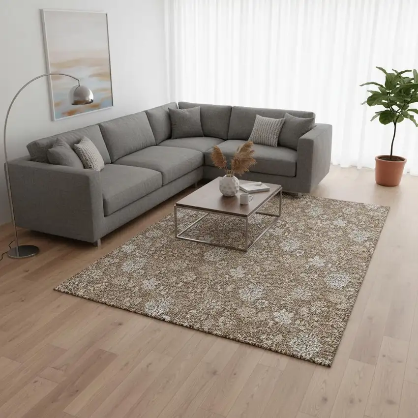 Copper And Beige Floral Washable Area Rug With UV Protection Photo 2