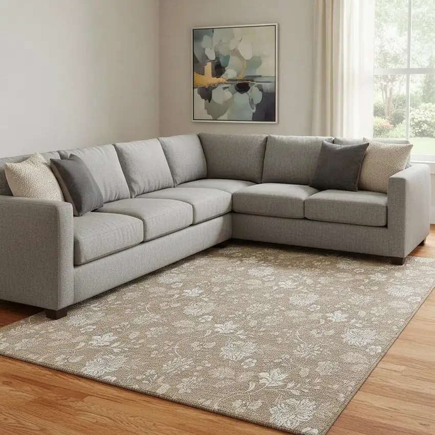 Copper And Beige Floral Washable Area Rug With UV Protection Photo 1