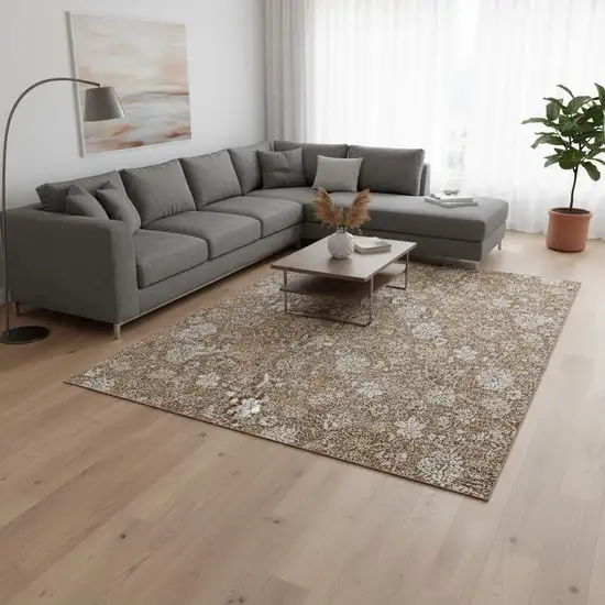 Copper And Beige Floral Washable Area Rug With UV Protection Photo 3