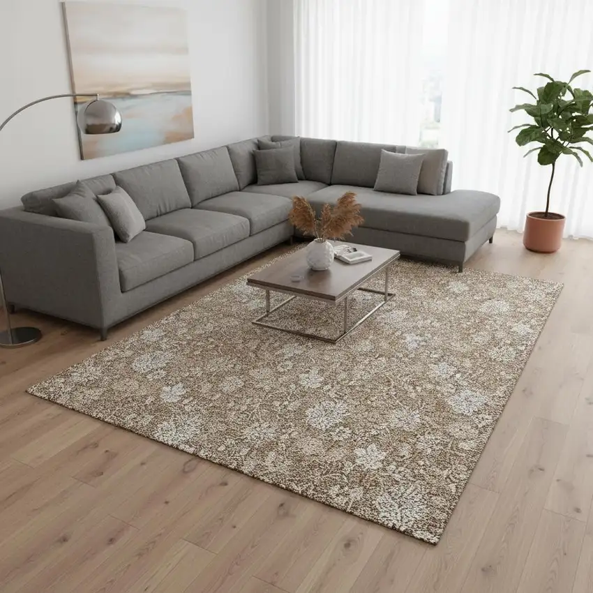 Copper And Beige Floral Washable Area Rug With UV Protection Photo 3