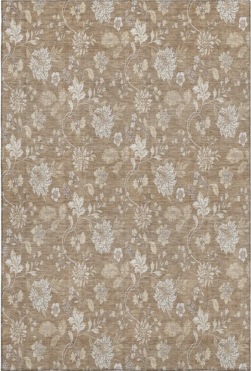 Copper And Beige Floral Washable Area Rug With UV Protection Photo 1