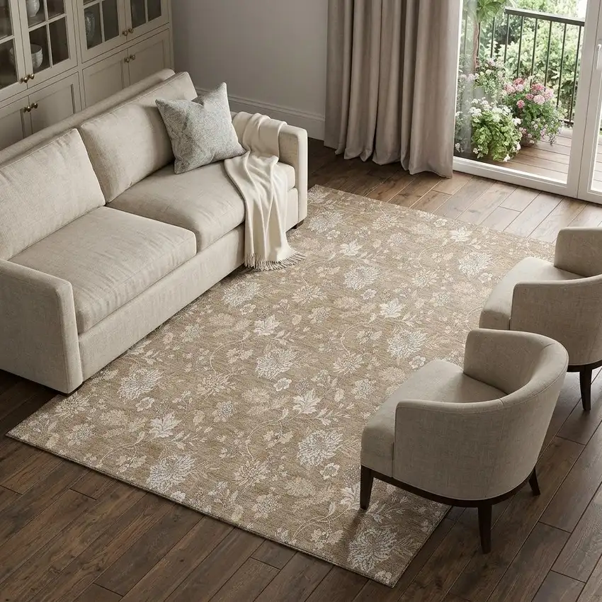 Copper And Beige Floral Washable Area Rug With UV Protection Photo 1