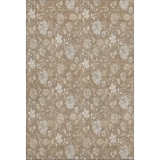 Copper And Beige Floral Washable Area Rug With UV Protection Photo 2