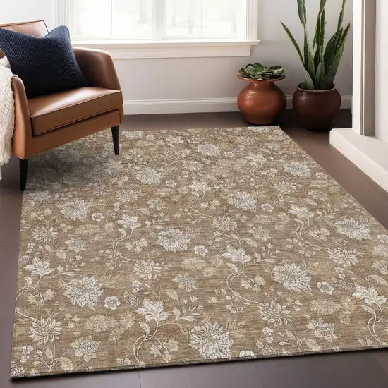 Copper And Beige Floral Washable Area Rug With UV Protection Photo 4