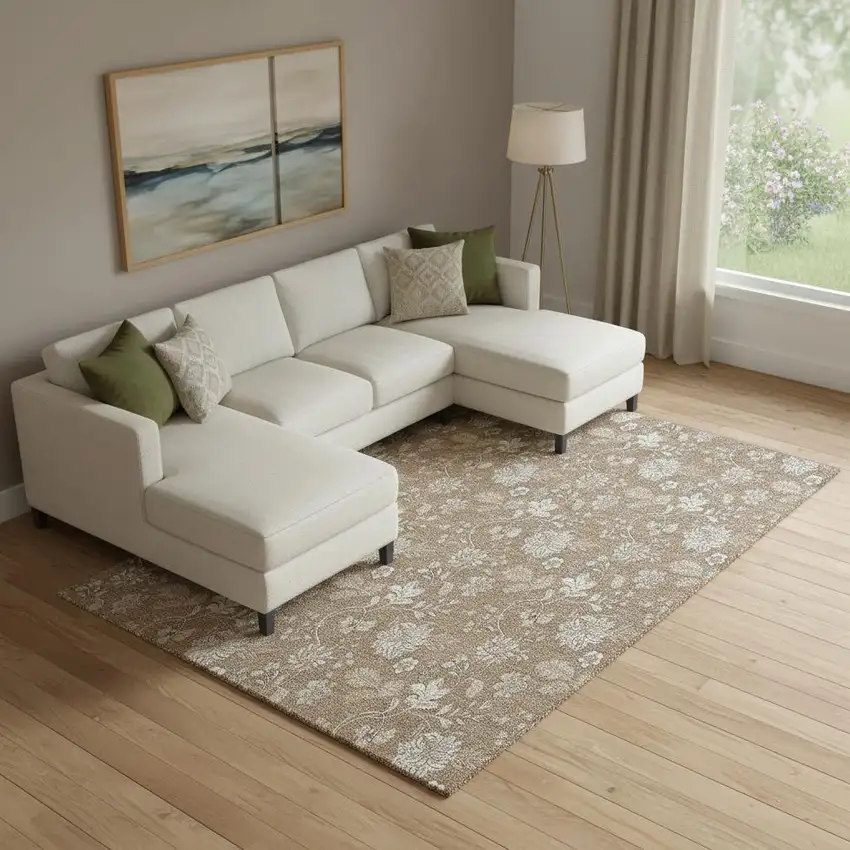 Copper And Beige Floral Washable Area Rug With UV Protection Photo 1