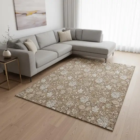 Copper And Beige Floral Washable Area Rug With UV Protection Photo 1