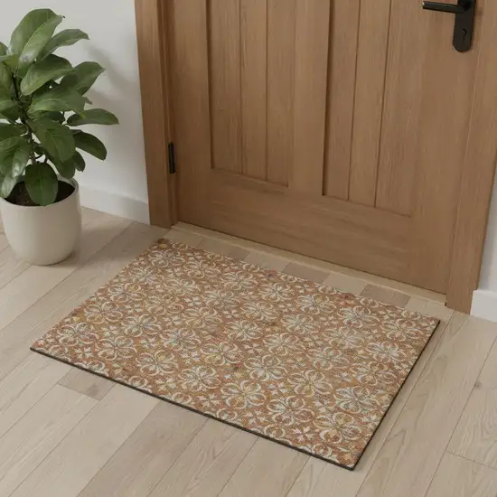 Copper And Beige Floral Washable Area Rug With UV Protection Photo 1