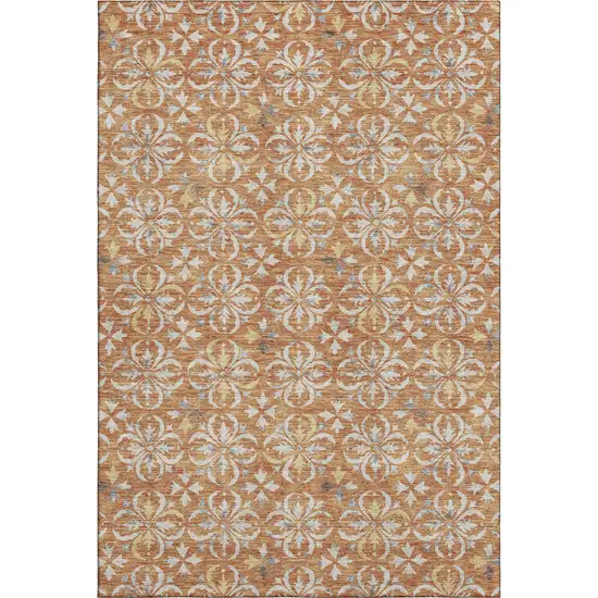 Copper And Beige Floral Washable Area Rug With UV Protection Photo 1