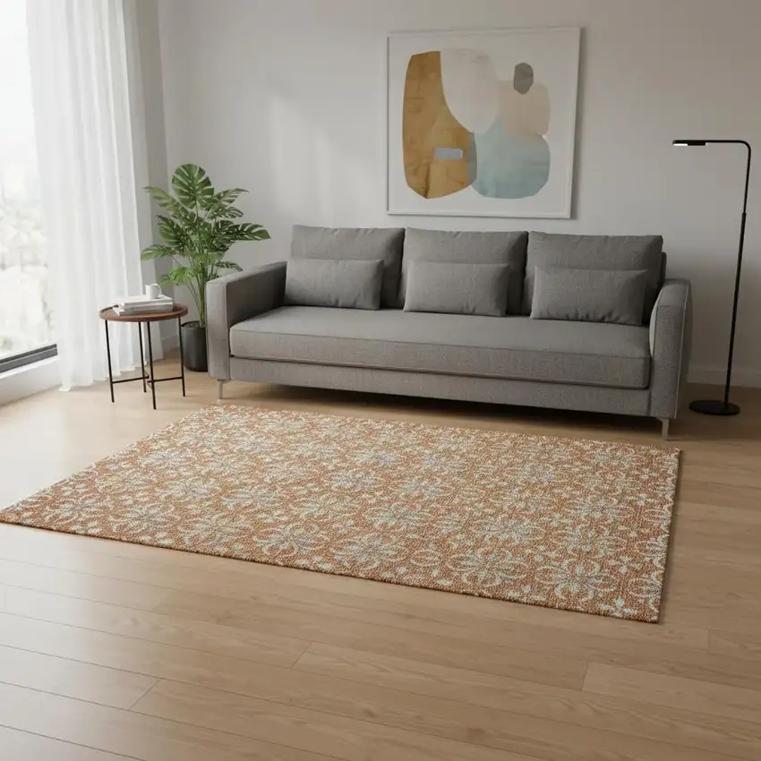 Copper And Beige Floral Washable Area Rug With UV Protection Photo 2