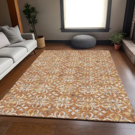 Copper And Beige Floral Washable Area Rug With UV Protection Photo 5