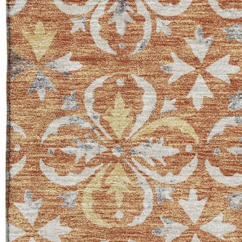 Copper And Beige Floral Washable Area Rug With UV Protection Photo 2