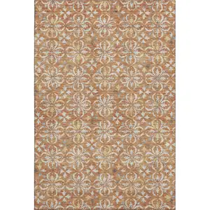 Photo of Copper And Beige Floral Washable Area Rug With UV Protection