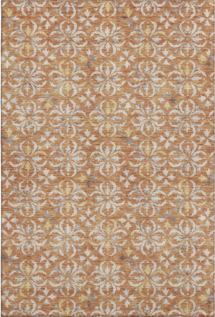 Copper And Beige Floral Washable Area Rug With UV Protection Photo 1