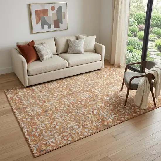 Copper And Beige Floral Washable Area Rug With UV Protection Photo 1