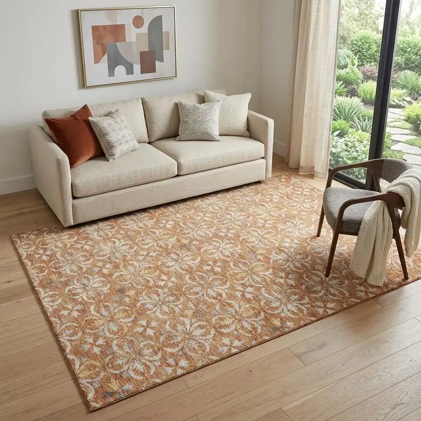 Copper And Beige Floral Washable Area Rug With UV Protection Photo 1
