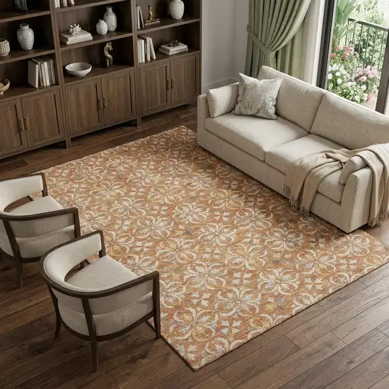 Copper And Beige Floral Washable Area Rug With UV Protection Photo 1