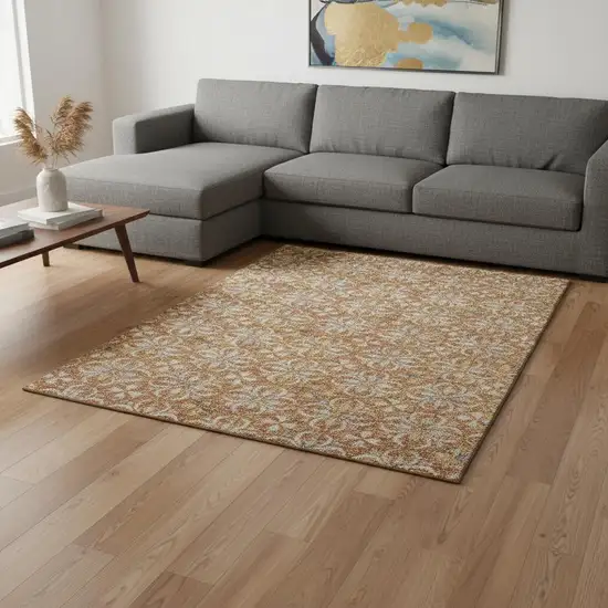 Copper And Beige Floral Washable Area Rug With UV Protection Photo 2