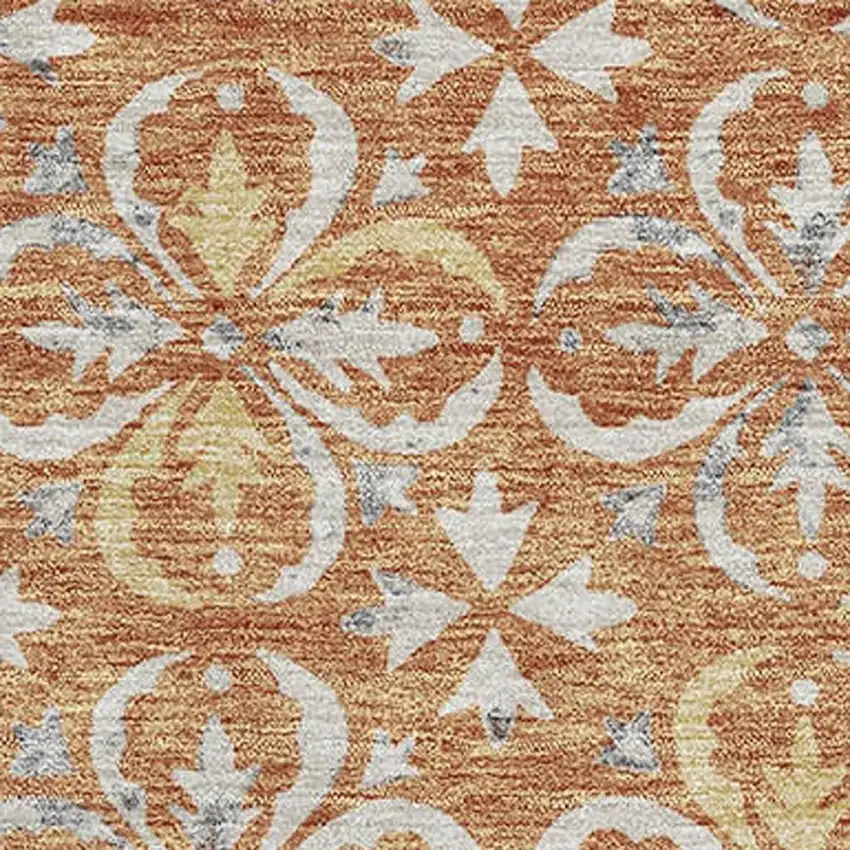 Copper And Beige Floral Washable Area Rug With UV Protection Photo 3