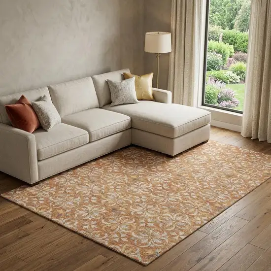 Copper And Beige Floral Washable Area Rug With UV Protection Photo 1