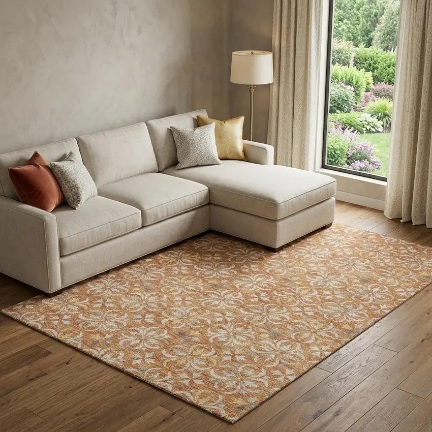 Copper And Beige Floral Washable Area Rug With UV Protection Photo 1