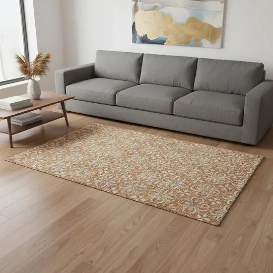 Copper And Beige Floral Washable Area Rug With UV Protection Photo 2