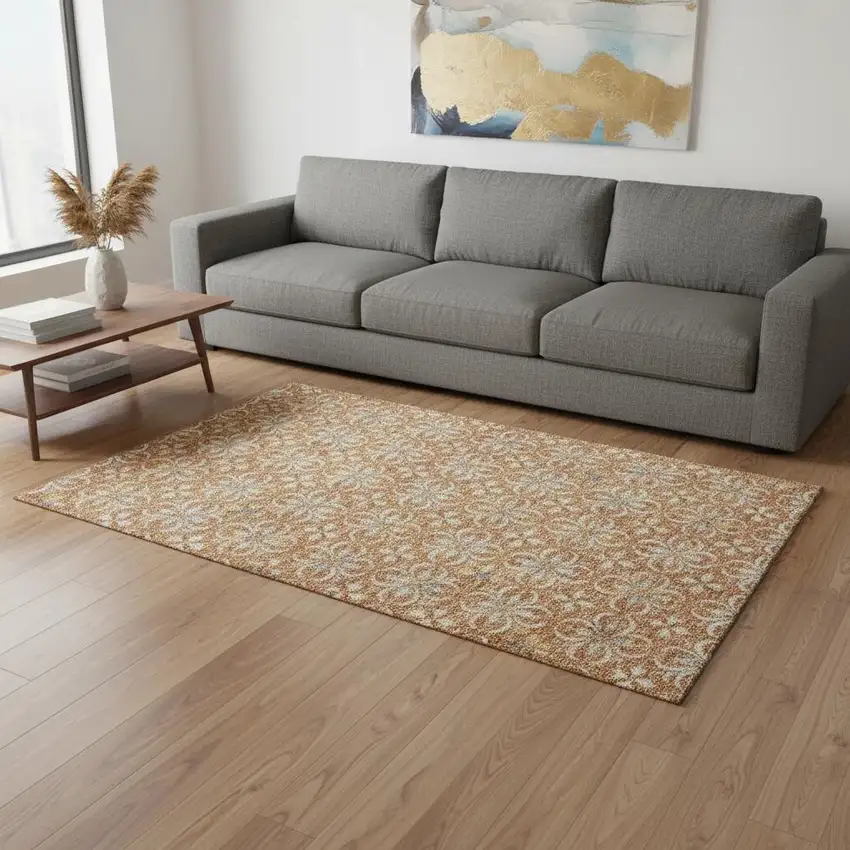 Copper And Beige Floral Washable Area Rug With UV Protection Photo 2