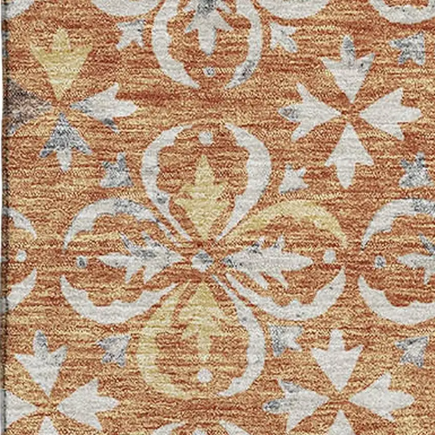 Copper And Beige Floral Washable Area Rug With UV Protection Photo 2