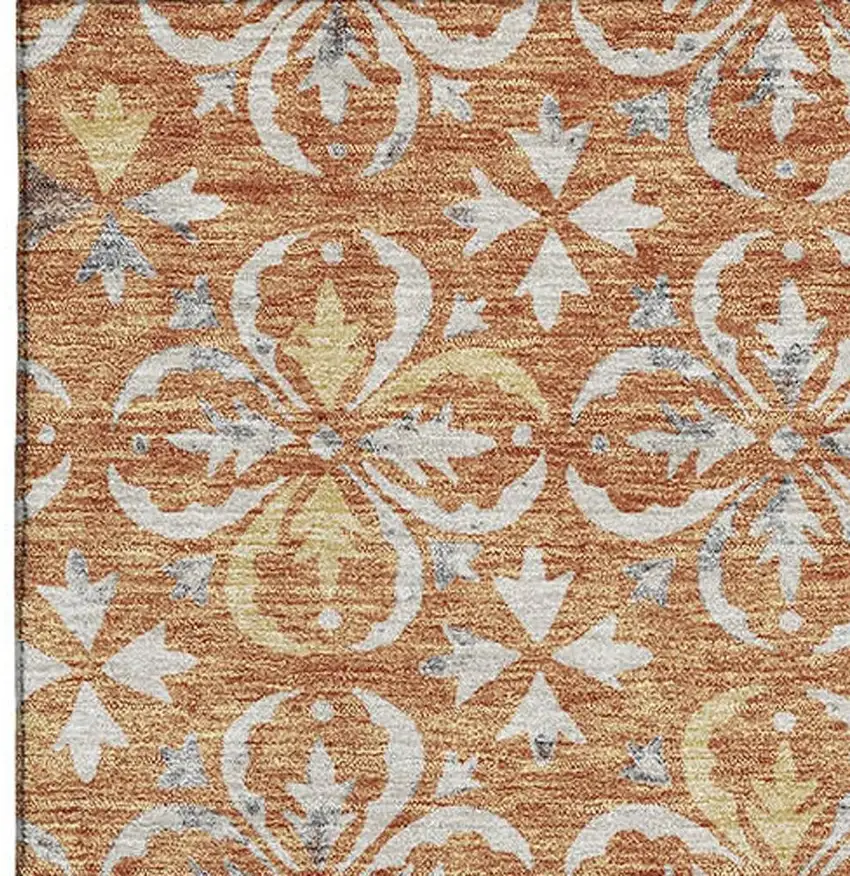 Copper And Beige Floral Washable Area Rug With UV Protection Photo 3