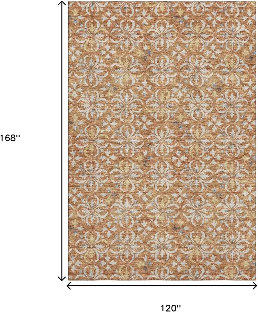 Copper And Beige Floral Washable Area Rug With UV Protection Photo 9