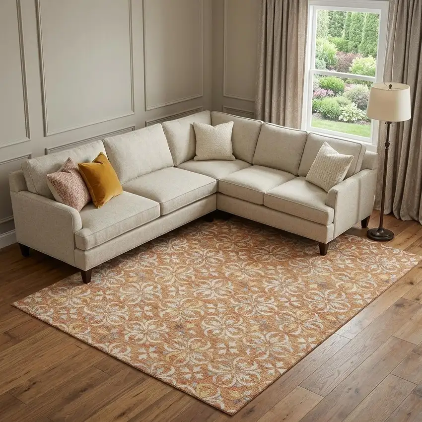 Copper And Beige Floral Washable Area Rug With UV Protection Photo 1