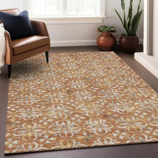 Copper And Beige Floral Washable Area Rug With UV Protection Photo 3