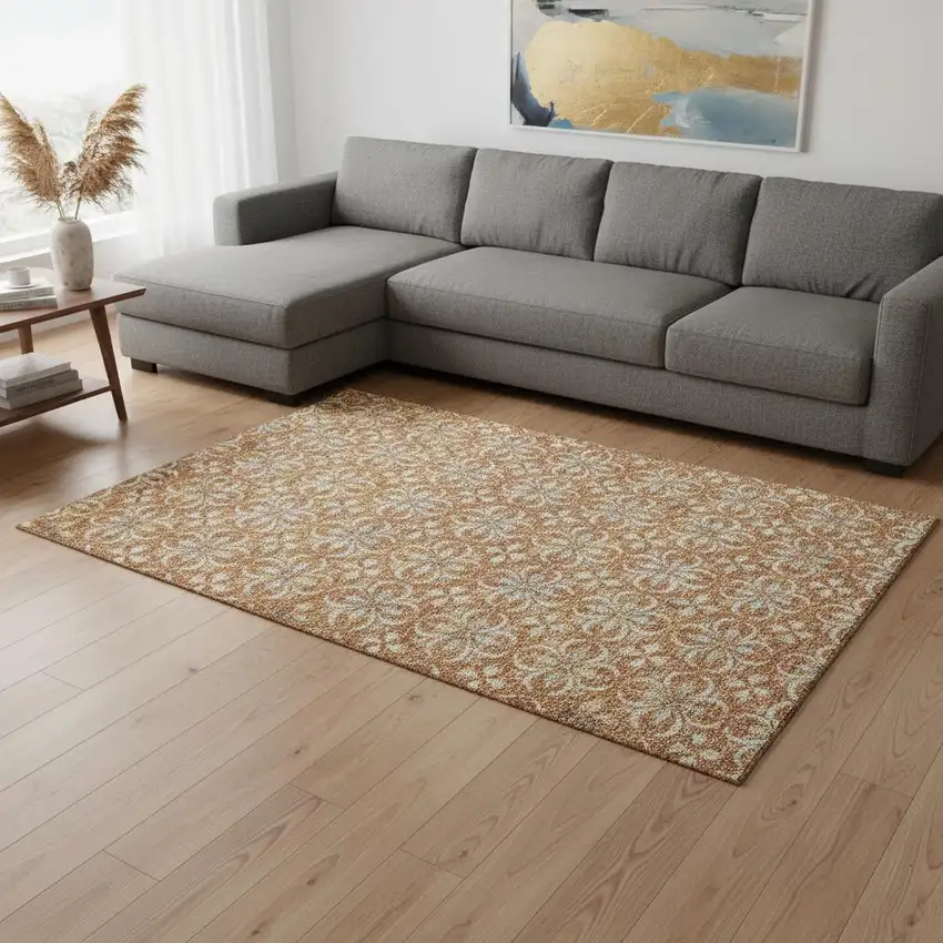 Copper And Beige Floral Washable Area Rug With UV Protection Photo 2