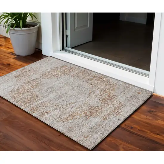 Copper And Beige Floral Washable Indoor Outdoor Area Rug Photo 1