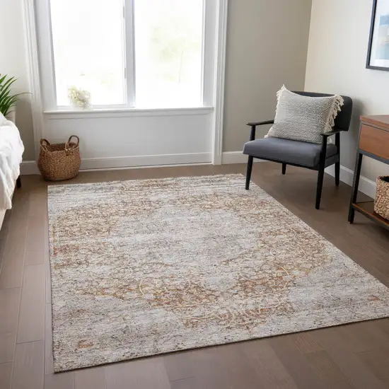 Copper And Beige Floral Washable Indoor Outdoor Area Rug Photo 9