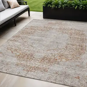 Photo of Copper And Beige Floral Washable Indoor Outdoor Area Rug
