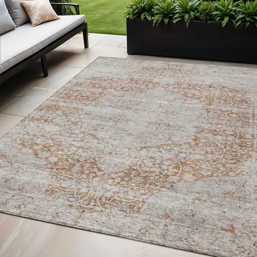 Copper And Beige Floral Washable Indoor Outdoor Area Rug Photo 1