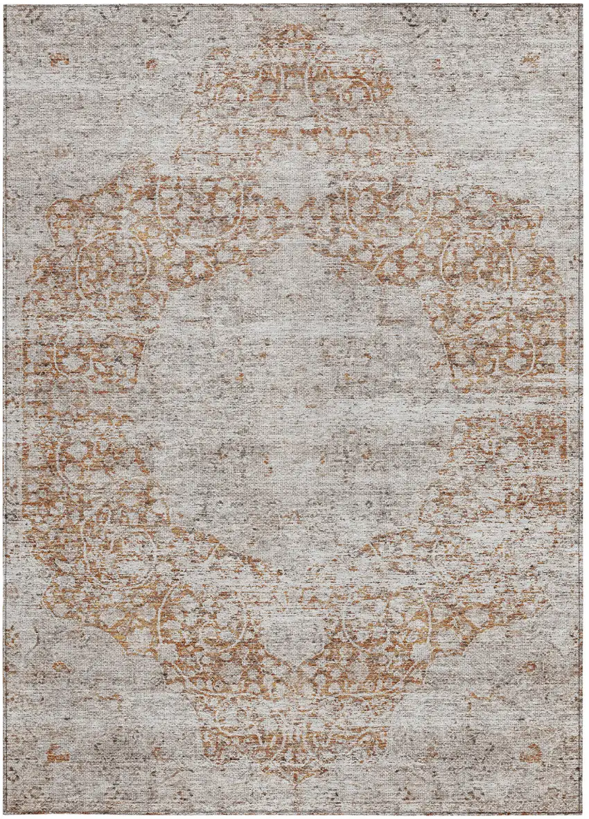 Copper And Beige Floral Washable Indoor Outdoor Area Rug Photo 6