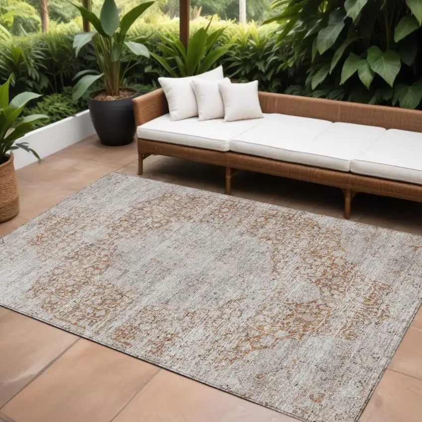 Copper And Beige Floral Washable Indoor Outdoor Area Rug Photo 1