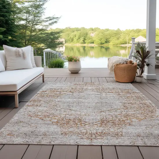 Copper And Beige Floral Washable Indoor Outdoor Area Rug Photo 7