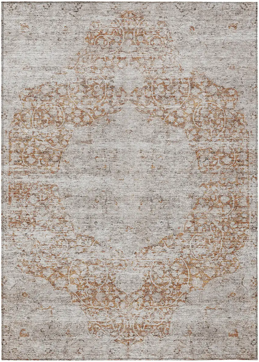 Copper And Beige Floral Washable Indoor Outdoor Area Rug Photo 2
