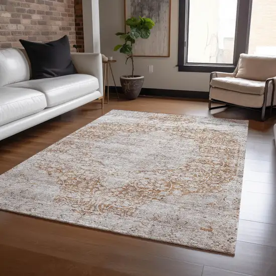 Copper And Beige Floral Washable Indoor Outdoor Area Rug Photo 8