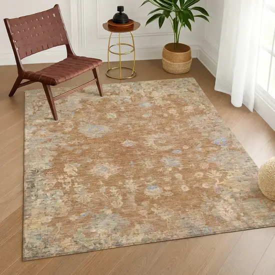 Copper And Beige Floral Washable Indoor Outdoor Area Rug Photo 9