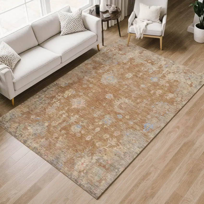 Copper And Beige Floral Washable Indoor Outdoor Area Rug Photo 8