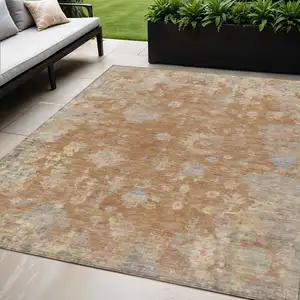 Photo of Copper And Beige Floral Washable Indoor Outdoor Area Rug